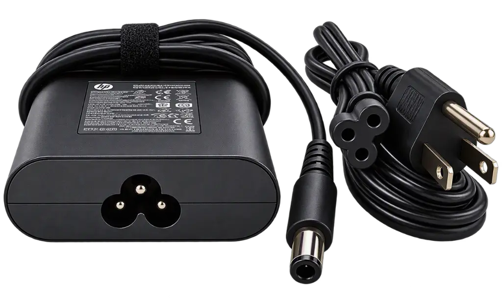 Black HP power adapter with a coiled cable, barrel connector, and two-prong US plug on a white background.
