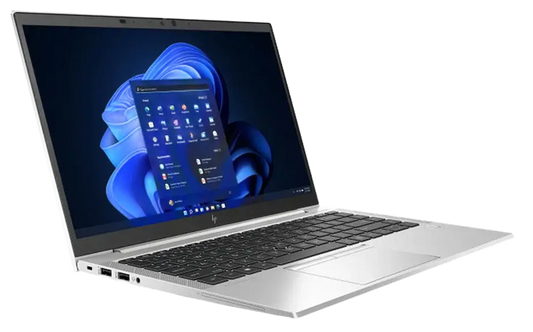 A silver laptop with a black keyboard and screen, shown open at an angle against a solid white background. The screen displays a blue Windows desktop interface.