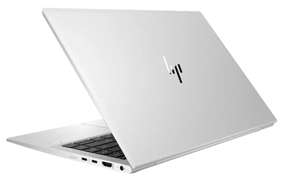 A silver HP laptop shown open at an angle, with the back of the lid featuring the HP logo and a black keyboard, set against a plain white background.