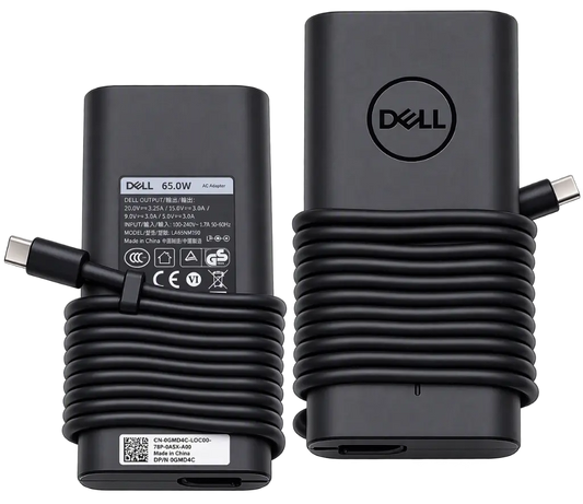 A Dell 65W AC Power Adapter shown from both the front and back. The adapter is matte black with a coiled power cord, a USB-C connector on the left, and the Dell logo on the front face.