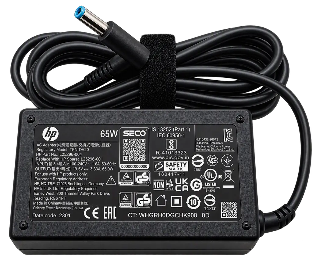 HP 65W AC Adapter power supply with a black cord and barrel connector, photographed on a white background. The product label shows HP, SECO, and other certification markings.