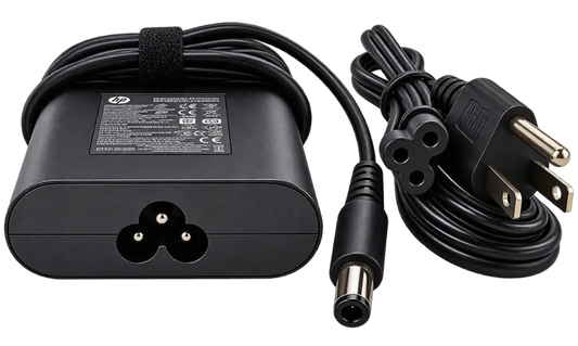 Black HP power adapter with a coiled cable, barrel connector, and two-prong US plug on a white background.