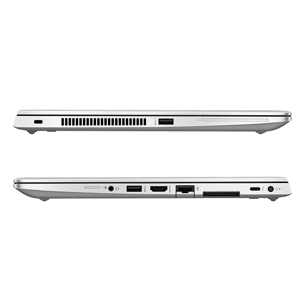 A silver laptop shown from the side in two views, displaying various ports and ventilation grilles on a plain white background.