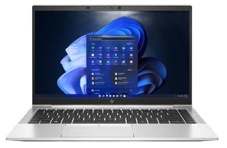 A silver laptop computer with a black keyboard and trackpad, shown open against a plain white background. The screen displays a blue-themed Windows desktop interface.