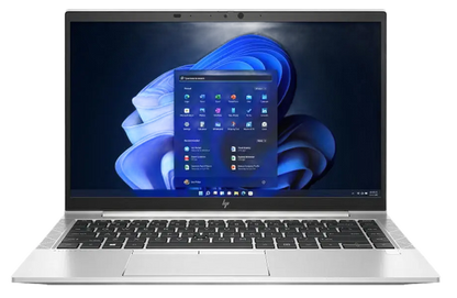 A silver laptop computer with a black keyboard and trackpad, shown open against a plain white background. The screen displays a blue-themed Windows desktop interface.