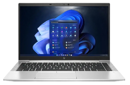 A silver laptop computer with a black keyboard and trackpad, shown open against a plain white background. The screen displays a blue-themed Windows desktop interface.