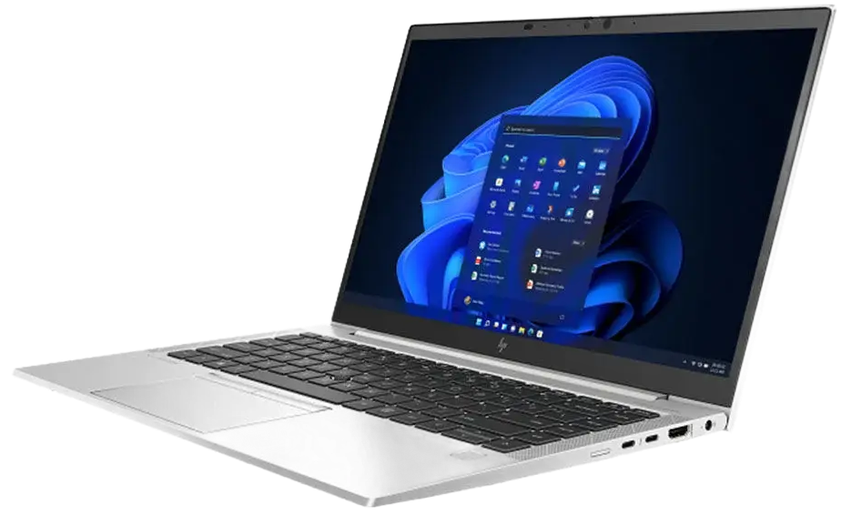 A silver laptop with a black keyboard and screen, shown open at an angle against a solid white background. The screen displays a blue-themed Windows desktop.