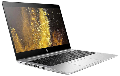 A silver HP laptop with a black keyboard and trackpad, shown open on a plain white background. The screen displays a gold and black abstract wallpaper, and the HP logo is visible on the lower bezel.