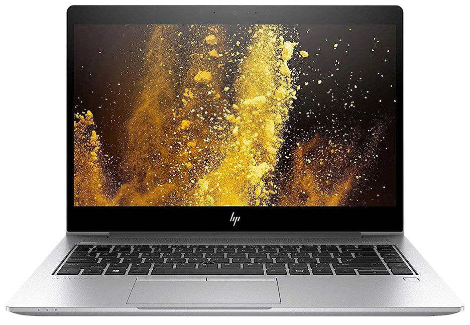 HP laptop in silver aluminum with a black keyboard and screen bezel, shown open on a plain white background. The screen displays a gold powder explosion wallpaper.