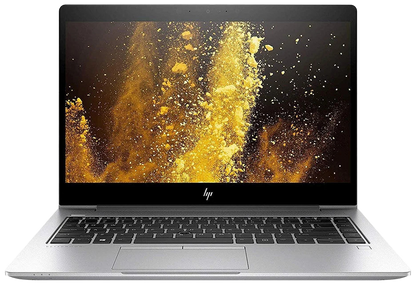 HP laptop in silver aluminum with a black keyboard and screen bezel, shown open on a plain white background. The screen displays a gold powder explosion wallpaper.