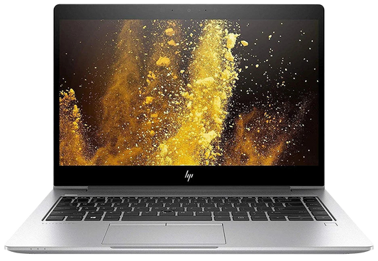 HP laptop in silver aluminum with a black keyboard and screen bezel, shown open on a plain white background. The screen displays a gold powder explosion wallpaper.