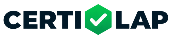 CERTI LAP certification logo on a solid black background, featuring dark navy blue text and a green hexagonal badge with a white checkmark.