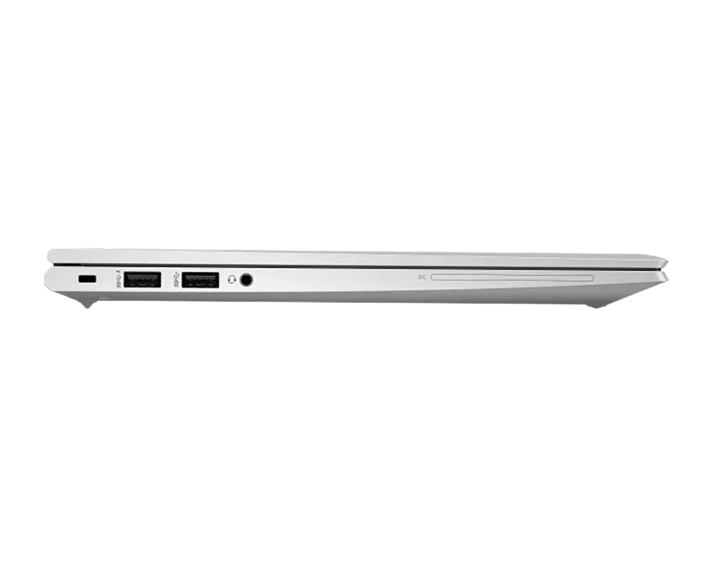 A silver laptop shown from a side profile view, highlighting the ports on its left edge against a solid white background.