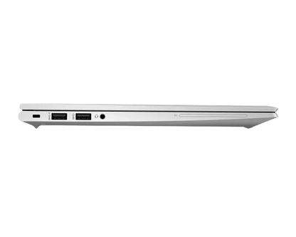 A silver laptop shown from a side profile view, highlighting the ports on its left edge against a solid white background.