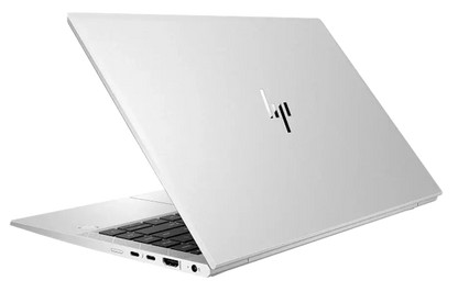 A silver HP laptop shown open at an angle, with the back of the lid featuring the HP logo and a black keyboard, set against a plain white background.